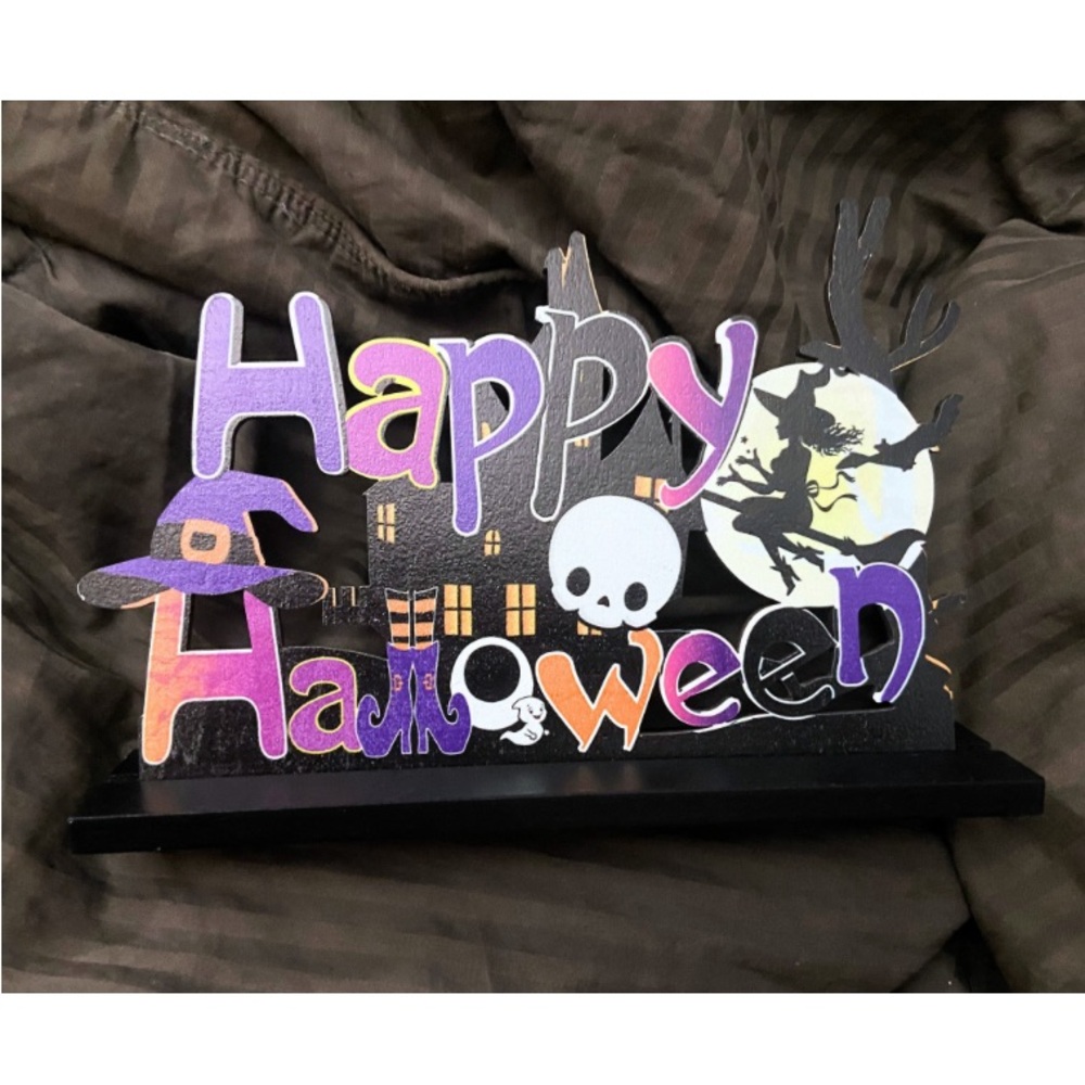 Sign Happy Halloween Spooky Decor Witch Ghost Pumpkin Wood Decoration with Stand